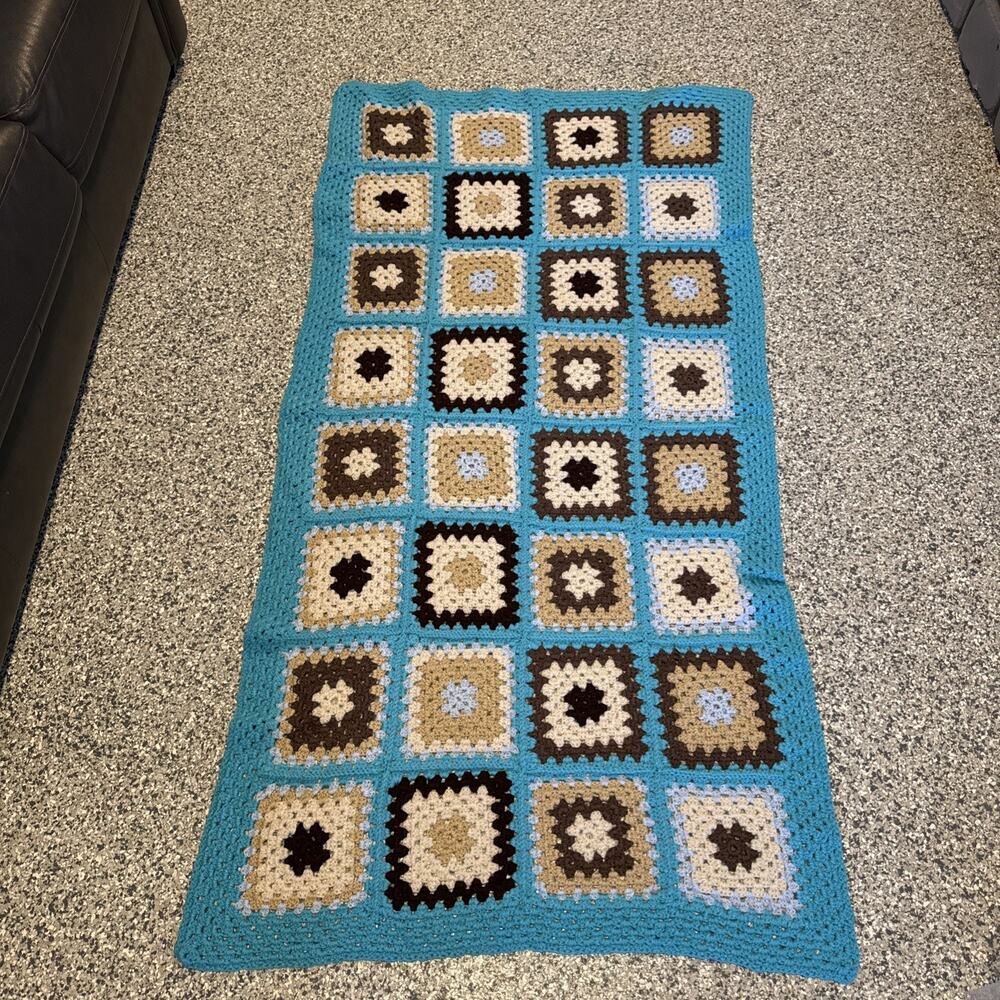 Vintage Granny Square Afghan Lap Blanket Turquoise With Earthtone Squares 66x34”